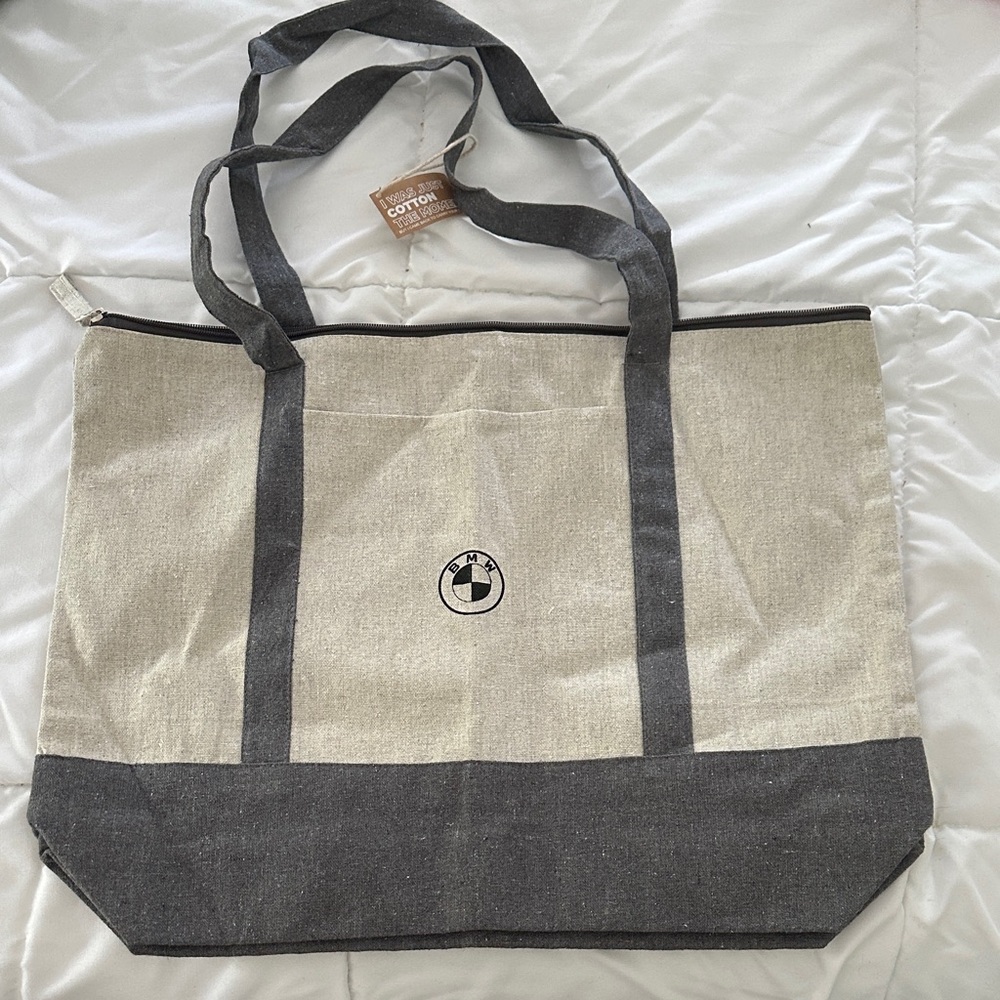 BMW NWT Beige and Black Canvas Tote with Logo